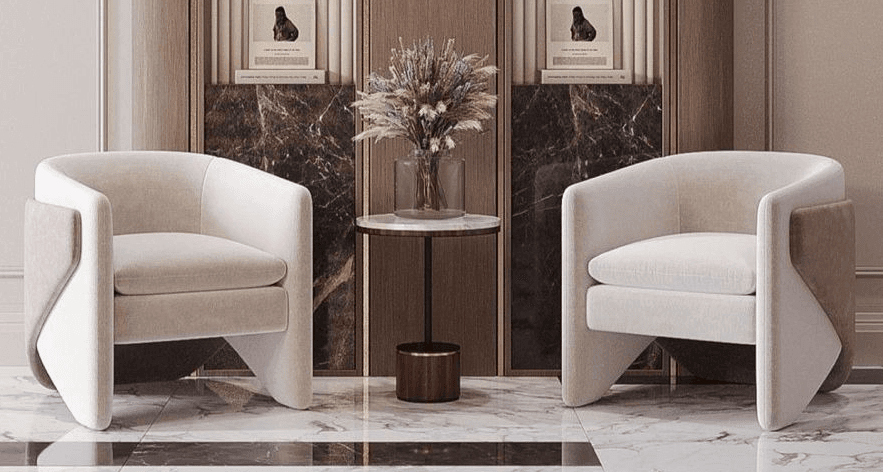 A compact, contemporary upholstered armchair featuring a curved barrel-back design with integrated armrests and a two-tone fabric upholstery. — 3D model