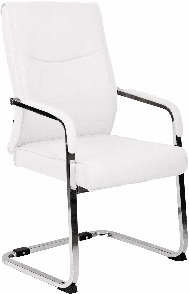A modern white faux leather cantilever office guest chair featuring a polished chrome tubular steel frame that forms both the base and integrated armrests. The seat, backrest, and armrests are upholstered in white faux leather, with the backrest showing subtle horizontal stitching lines. The chair rests on a U-shaped cantilever base, giving it a sleek and contemporary appearance. — 3D model