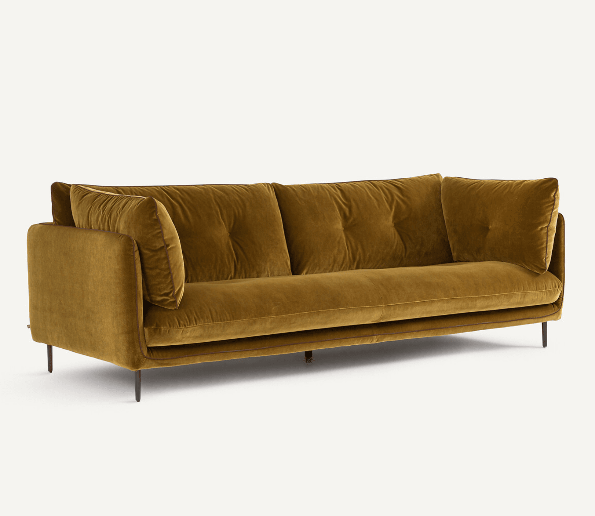 A long, contemporary-style three-seater sofa upholstered in a rich olive-green velvet. It features gently rounded armrests, two large, plush seat cushions, and two large back cushions with subtle single-button tufting. The sofa is supported by slender, tapered dark metal legs, elevating the piece and contributing to its modern aesthetic. — 3D model