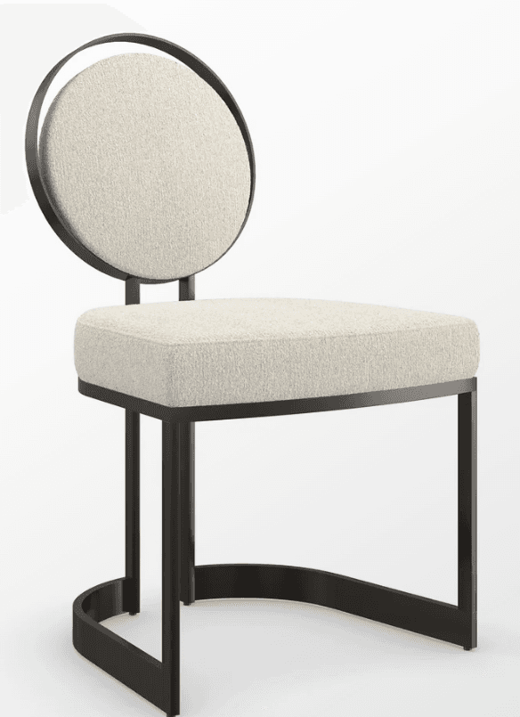 An armless chair featuring a distinctive circular upholstered backrest and a dark metal frame with a sled base. The seat and backrest are upholstered in a light, textured fabric. — 3D model