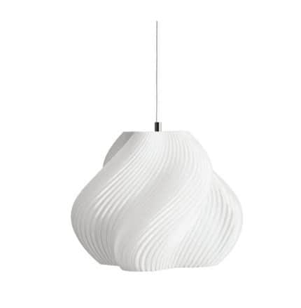 A modern white pendant light featuring a sculptural, organic form with a distinctive fluted or ribbe… — 3D model