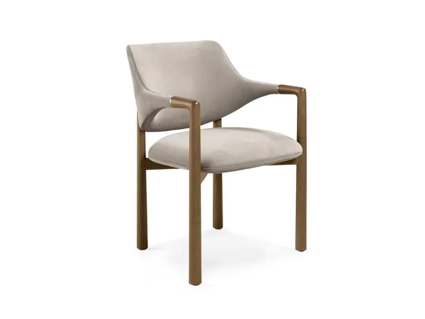 A modern armchair with a upholstered seat and backrest, supported by a metallic frame and legs. The arms are also integrated into the metallic frame structure. — 3D model