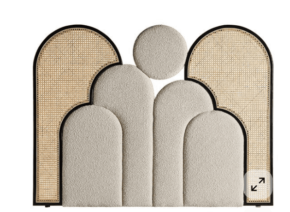 A contemporary headboard with an Art Deco-inspired design, featuring a dark wood frame, light cane r… — free GLB 3D model