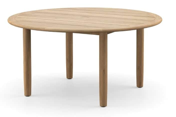 A round dining table constructed from light-toned wood, likely teak or similar outdoor-friendly mate… — 3D model