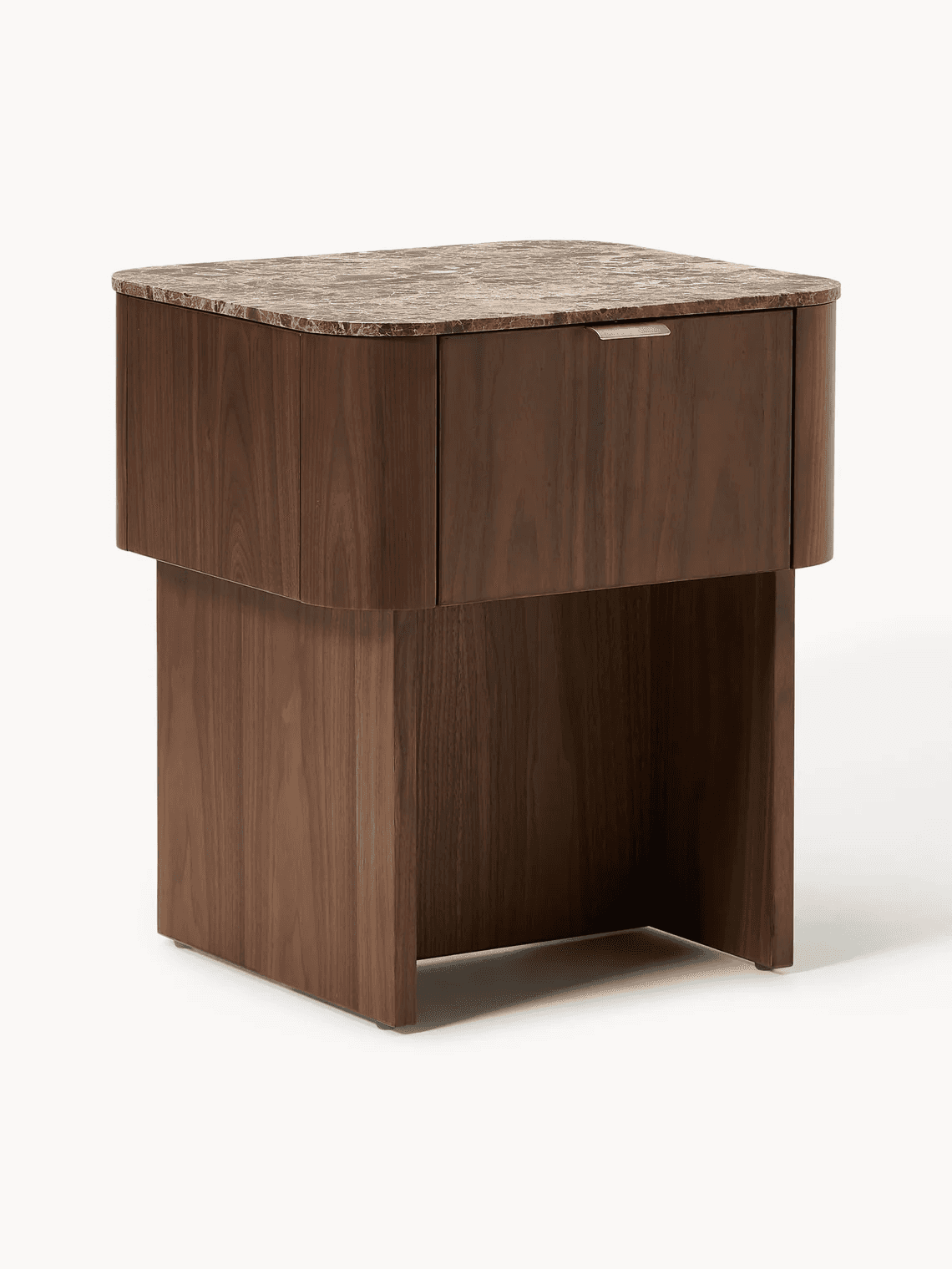 A modern nightstand with a marble top and a wooden body. It features a single drawer with a minimali… — 3D model
