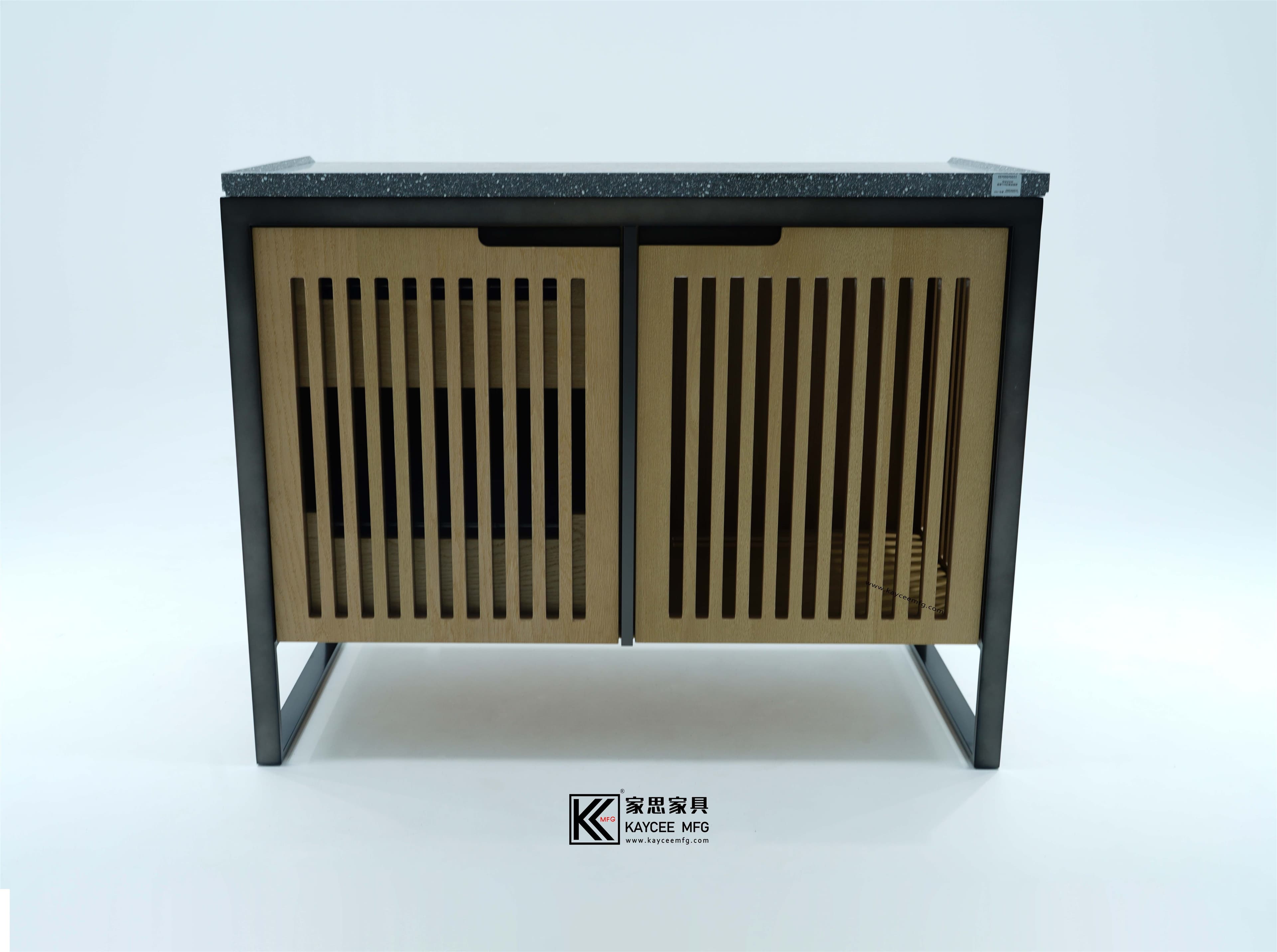 A modern cabinet with a dark, speckled composite countertop, a black metal frame, and two slatted light wood sliding doors. The interior features shelves for storage. The design is minimalist and contemporary, with a strong emphasis on clean lines and mixed materials. — 3D model