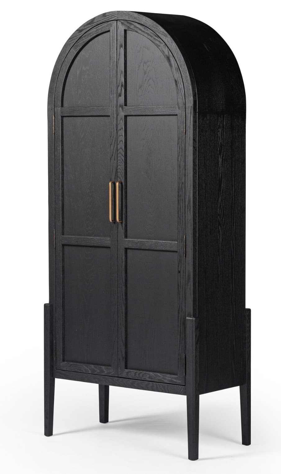 A tall, dark wood cabinet with a distinctive arched top. The front features two doors with a paneled design, divided by vertical and horizontal wooden struts. Each door has a pair of elongated, brass-toned handles. The cabinet stands on four tapered legs, with the front legs being more angular and protruding slightly outwards. The overall aesthetic suggests a modern or contemporary style with a hint of classic architectural influence due to the arched top. — 3D model