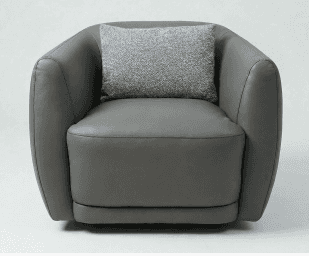 A modern, rounded armchair upholstered in dark gray material, featuring integrated arms and a loose… — 3D model