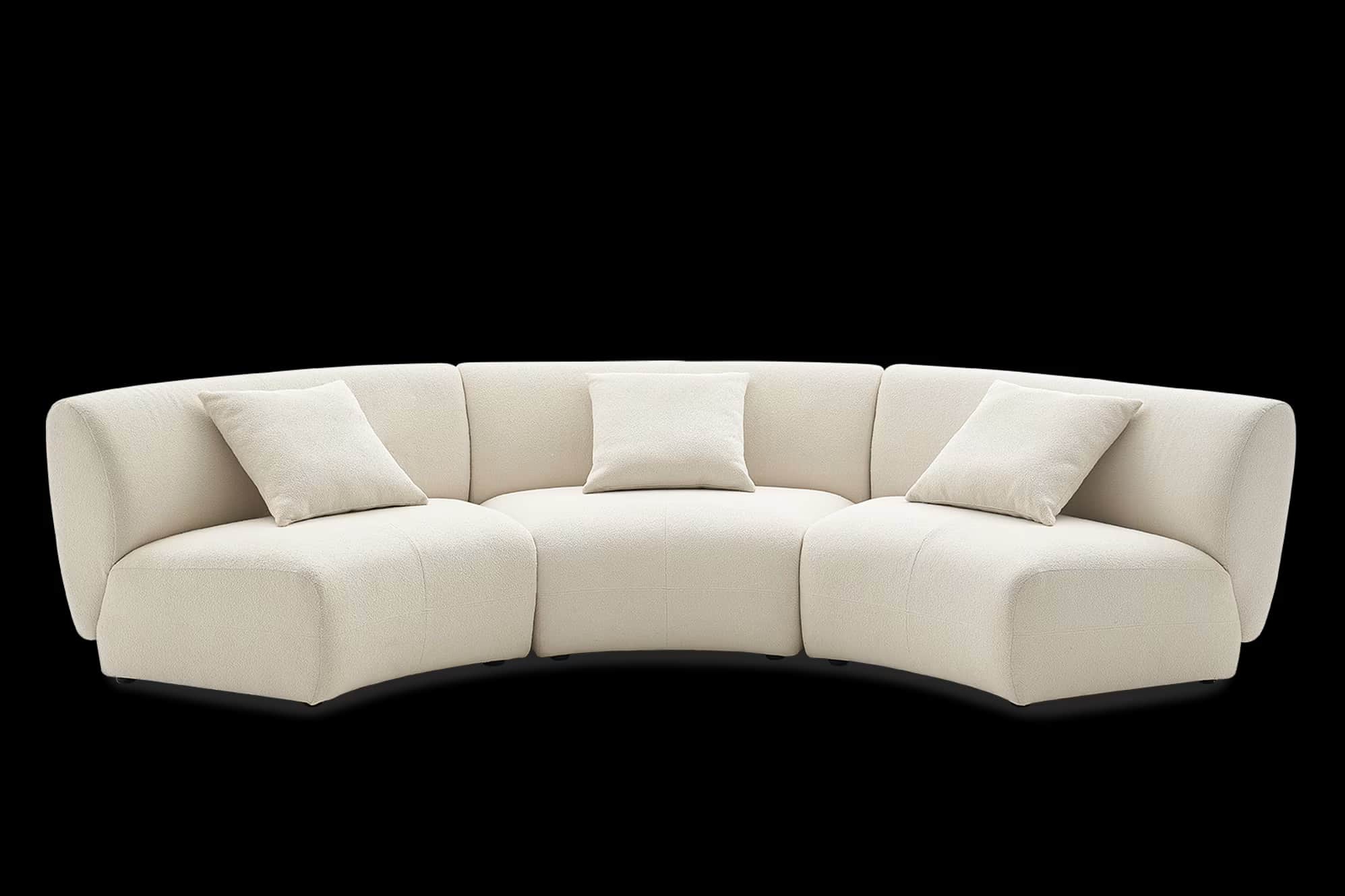 A contemporary curved modular sectional sofa upholstered in a cream-colored bouclé fabric, featuring… — 3D model