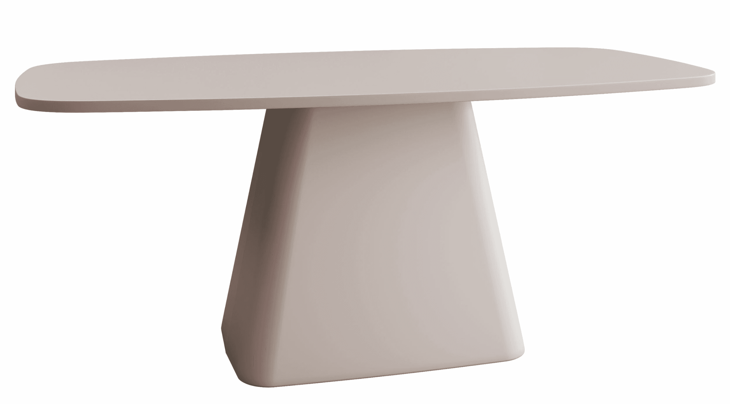 A modern side table featuring a rounded rectangular top and a single, tapering pedestal base, all in a uniform matte grayish-beige finish, suggesting a monolithic design. — 3D model