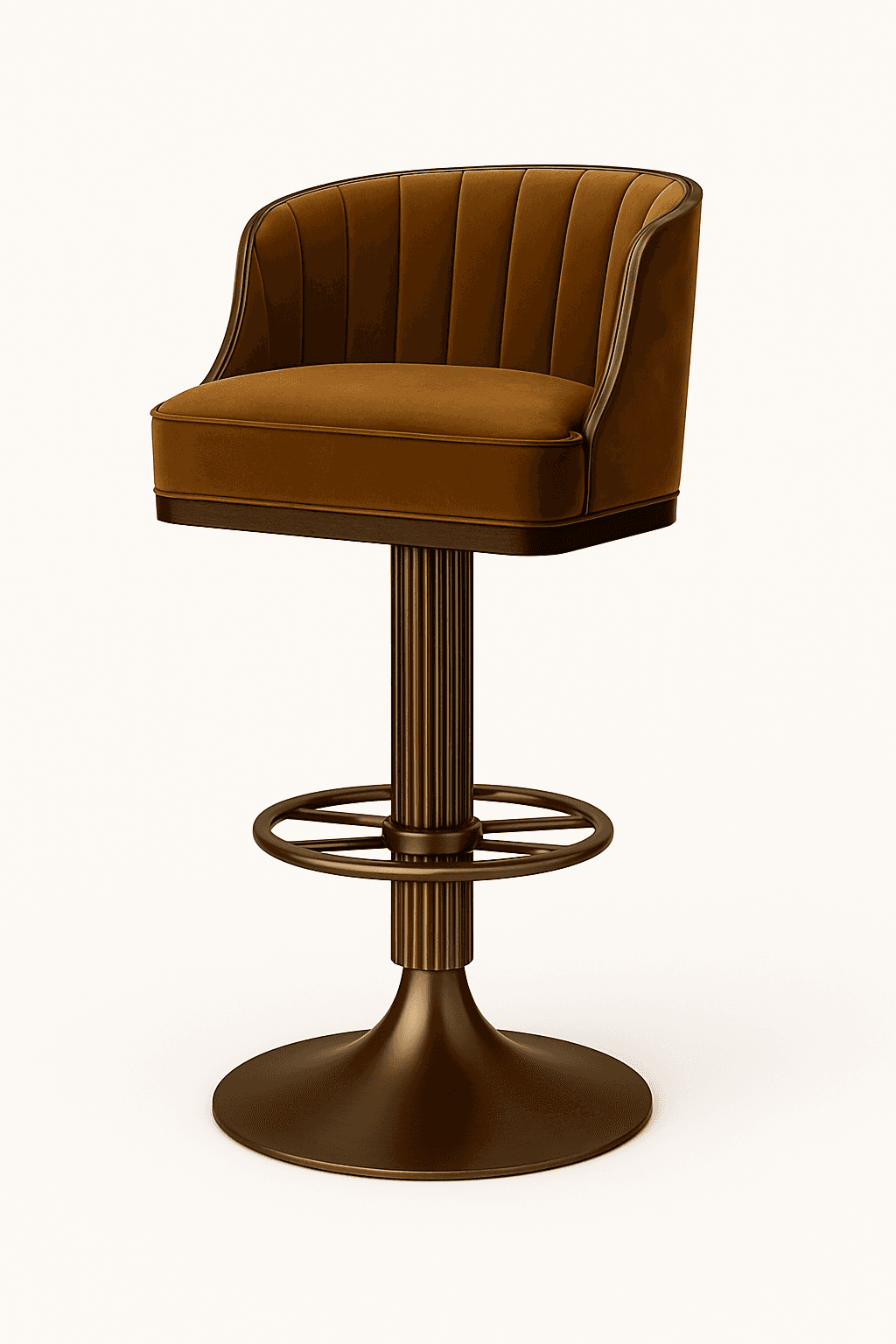 A bar stool with a fluted pedestal base and a circular footrest. The seat and backrest are upholstered in a ribbed, mustard-yellow velvet fabric. The frame of the seat and backrest appears to be a dark wood or metal. — 3D model