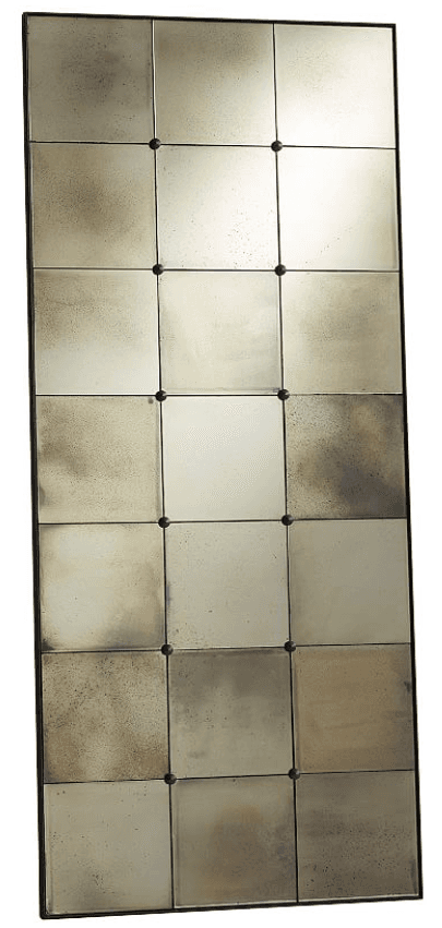 A rectangular mirror composed of multiple square mirrored panels. The panels exhibit an antiqued or distressed finish, with variations in reflectivity and darker, cloudy patches. Each panel is divided by thin vertical and horizontal lines, and small dark circular fasteners are visible at the intersection of grid lines. The mirror is framed by a thin, dark border. — 3D model