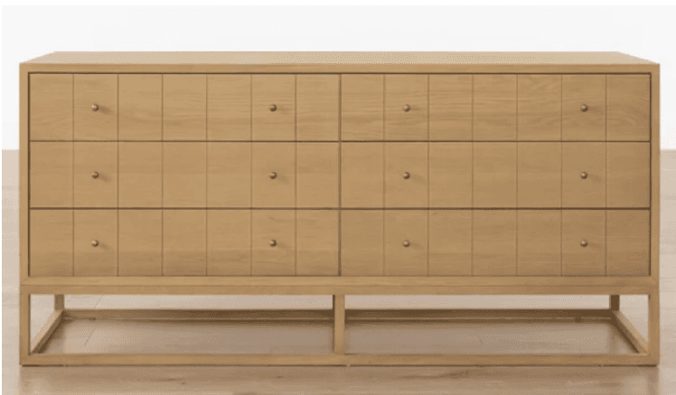 A long, rectangular wooden credenza with a light oak finish, featuring a grid-patterned drawer facad… — 3D model