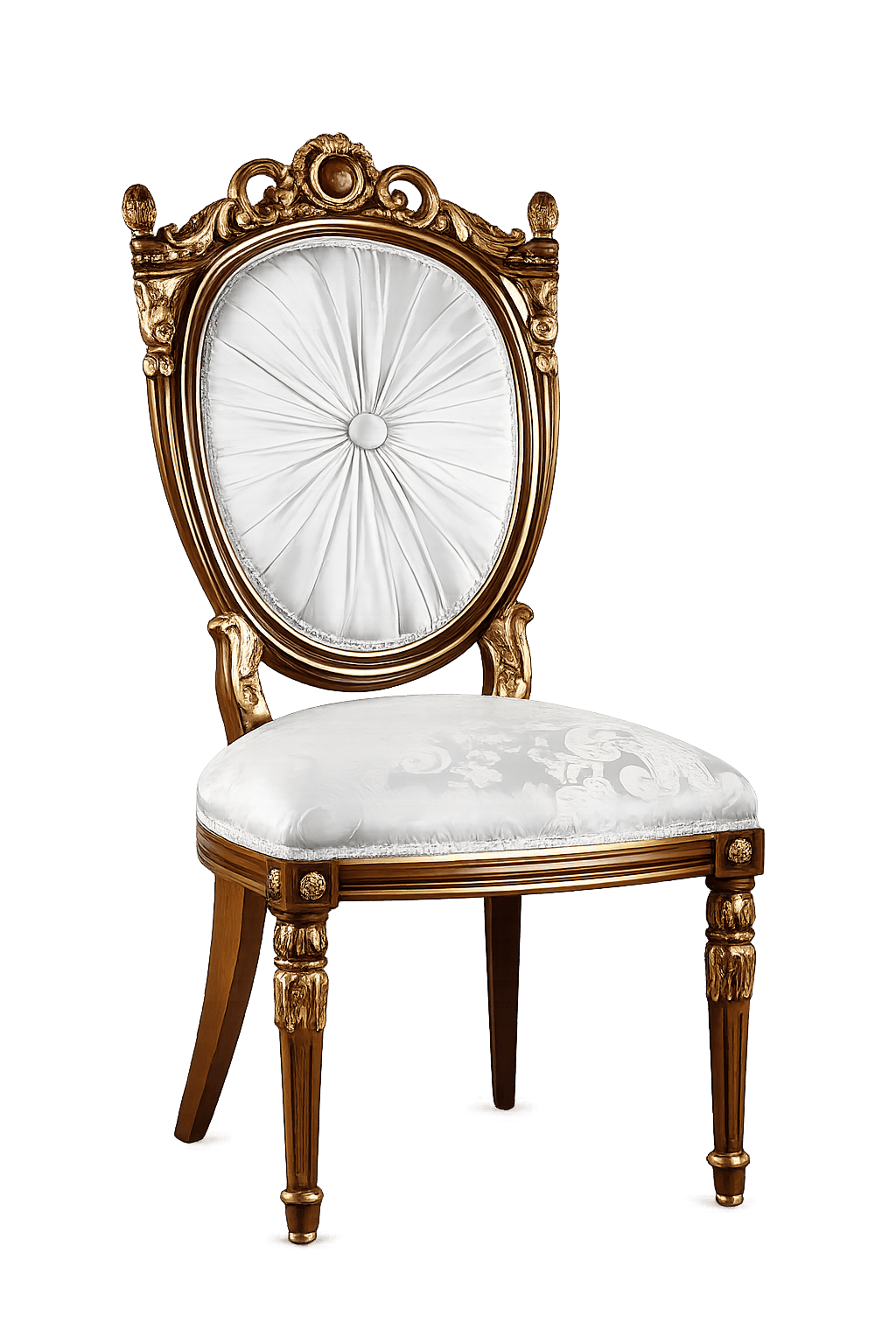 An elegant, highly ornate dining chair featuring a gilded wooden frame and luxurious white upholstery. The chair showcases a formal, classical design with intricate carvings, a prominent oval backrest with radial pleating and a central button, and a damask upholstered seat. The legs are fluted and carved, finished with gilded details. — 3D model