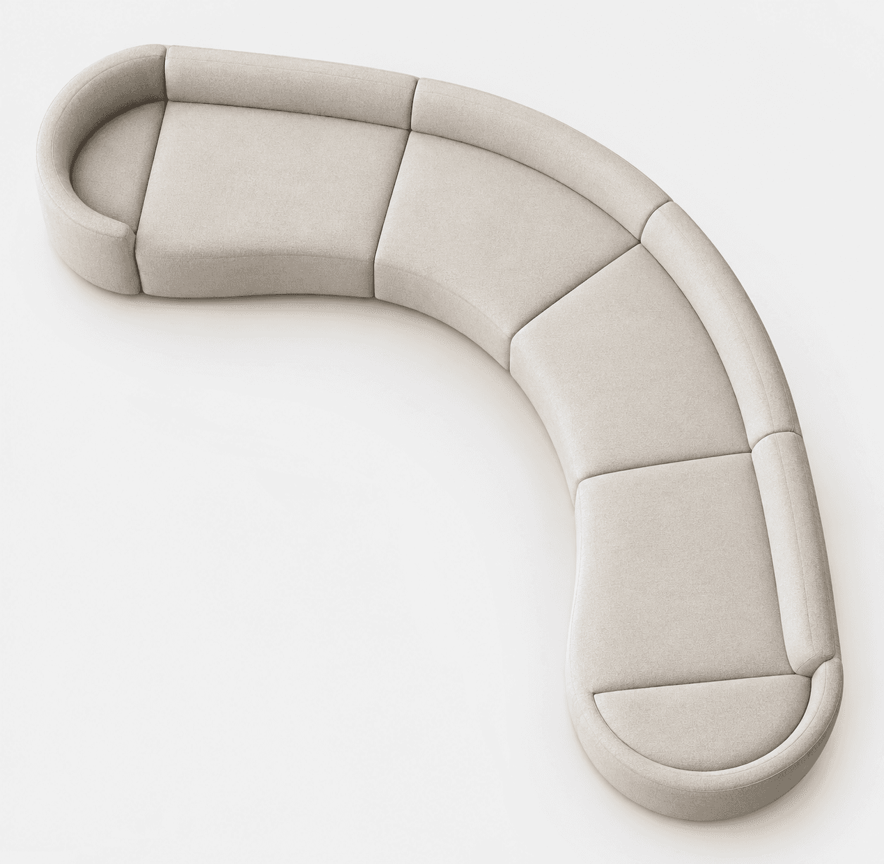 A large, light beige modular sectional sofa featuring a distinctive curved configuration. The sofa is composed of multiple individual modules, each upholstered in a subtly textured fabric, providing a cohesive and flowing aesthetic. The design includes integrated backrests and seat cushions, creating a continuous, armless seating surface. — 3D model