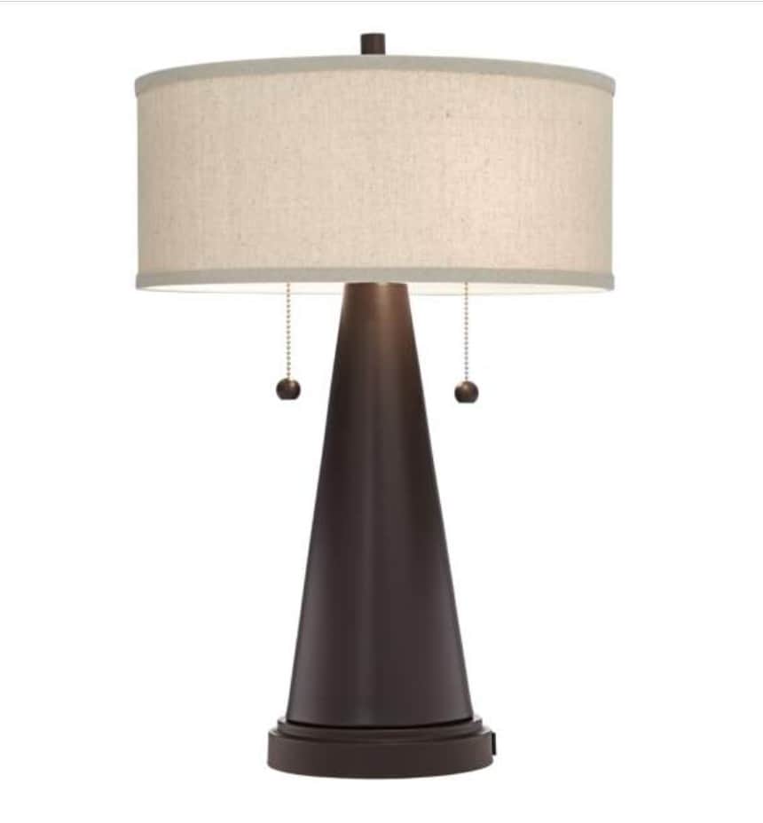 A contemporary table lamp featuring a dark, conical metal base that tapers upwards from a round foot… — free OBJ 3D model