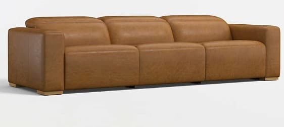 A contemporary three-seat sofa upholstered in warm brown leather, featuring a modular design with distinct seat and back cushions, block arms, and low-profile wooden feet. — 3D model