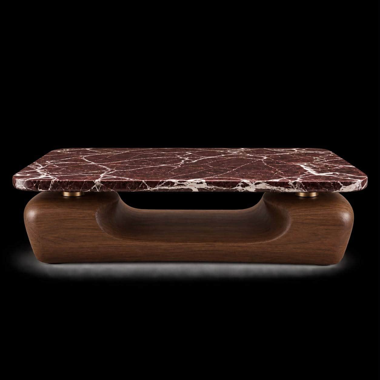 A contemporary coffee table featuring a rectangular, red veined marble top with rounded corners, sup… — 3D model