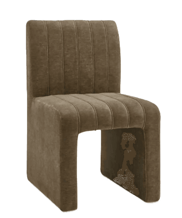 A side chair with a modern design, featuring a seamless U-shaped base that extends upwards to form the armrests and connects to the backrest. The entire chair is upholstered and features vertical channel tufting on both the seat and back. — 3D model