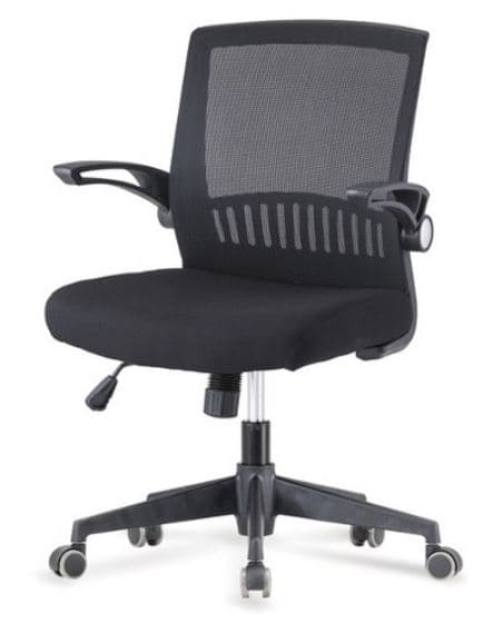 A black office chair with a mesh back and fabric seat. It features adjustable armrests, a pneumatic height adjustment lever, and a five-star base with casters. — 3D model