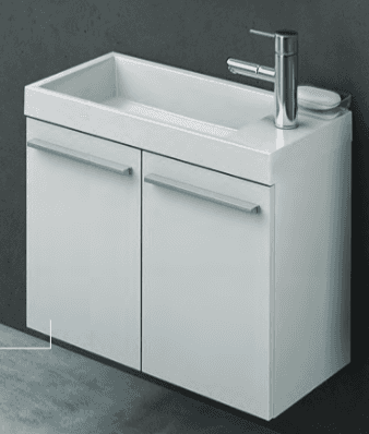 A modern, compact, wall-mounted bathroom vanity unit featuring an integrated rectangular sink, two c… — 3D model