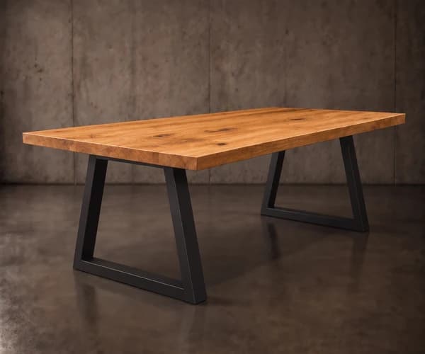 A modern coffee table featuring a rectangular wooden tabletop with natural grain patterns and knots, supported by two black metal trapezoidal bases. — 3D model