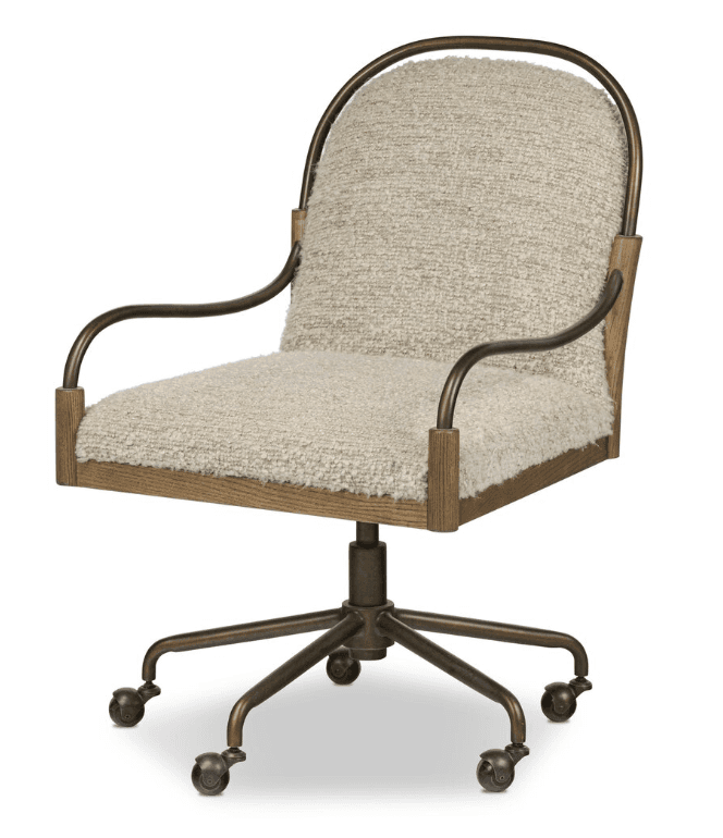 A contemporary swivel office armchair featuring a cream-colored boucle upholstery on both the seat and backrest. The chair is supported by a bronze-toned tubular metal frame that curves to form the backrest and integrated armrests, which are accented with light-colored wood elements where they meet the seat. It sits on a five-star swivel base with casters, finished in a matching bronze tone, providing mobility and adjustability. — 3D model