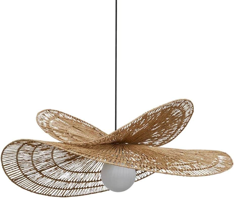 A decorative pendant light fixture with a woven natural fiber shade. The shade is designed to resemb… — 3D model