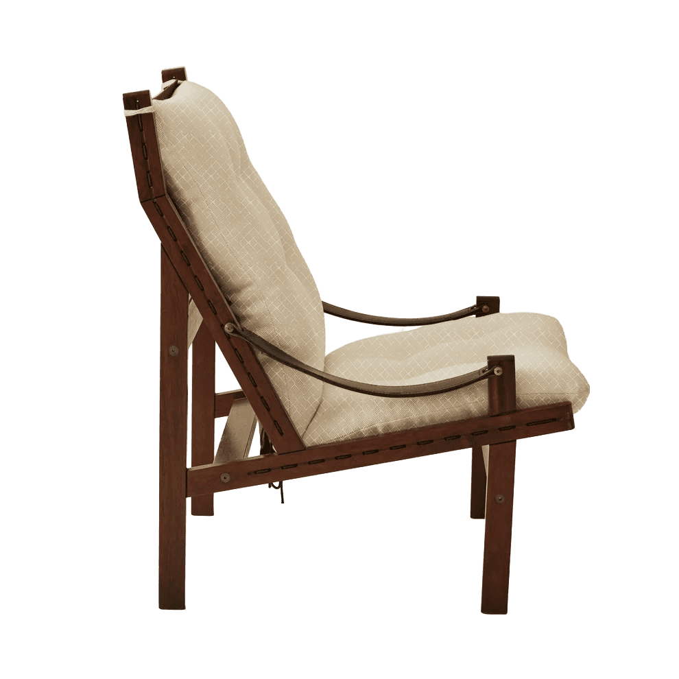 A side profile view of a wooden armchair with upholstered cushions. The armchair features a slatted… — 3D model