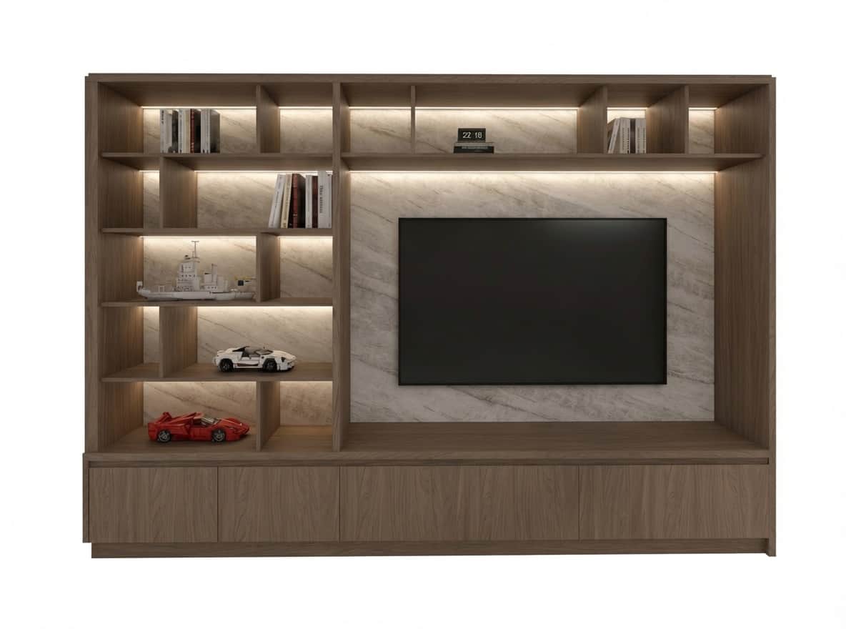 A contemporary wall-mounted entertainment center and bookshelf unit, featuring a large central reces… — 3D model