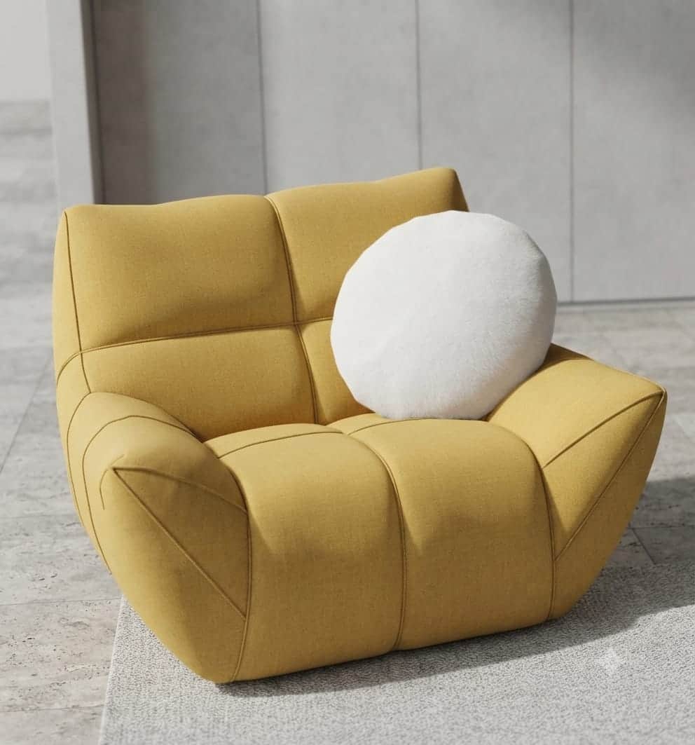 A contemporary modular lounge chair in a vibrant mustard yellow fabric, characterized by its low-pro… — 3D model
