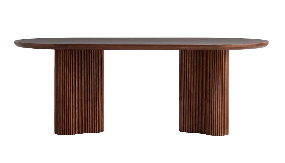 An oval-top console table with two fluted columnar pedestals as its base. The table exhibits a dark, smooth finish on the top surface and a rich, vertical fluted texture on the pedestals. — 3D model