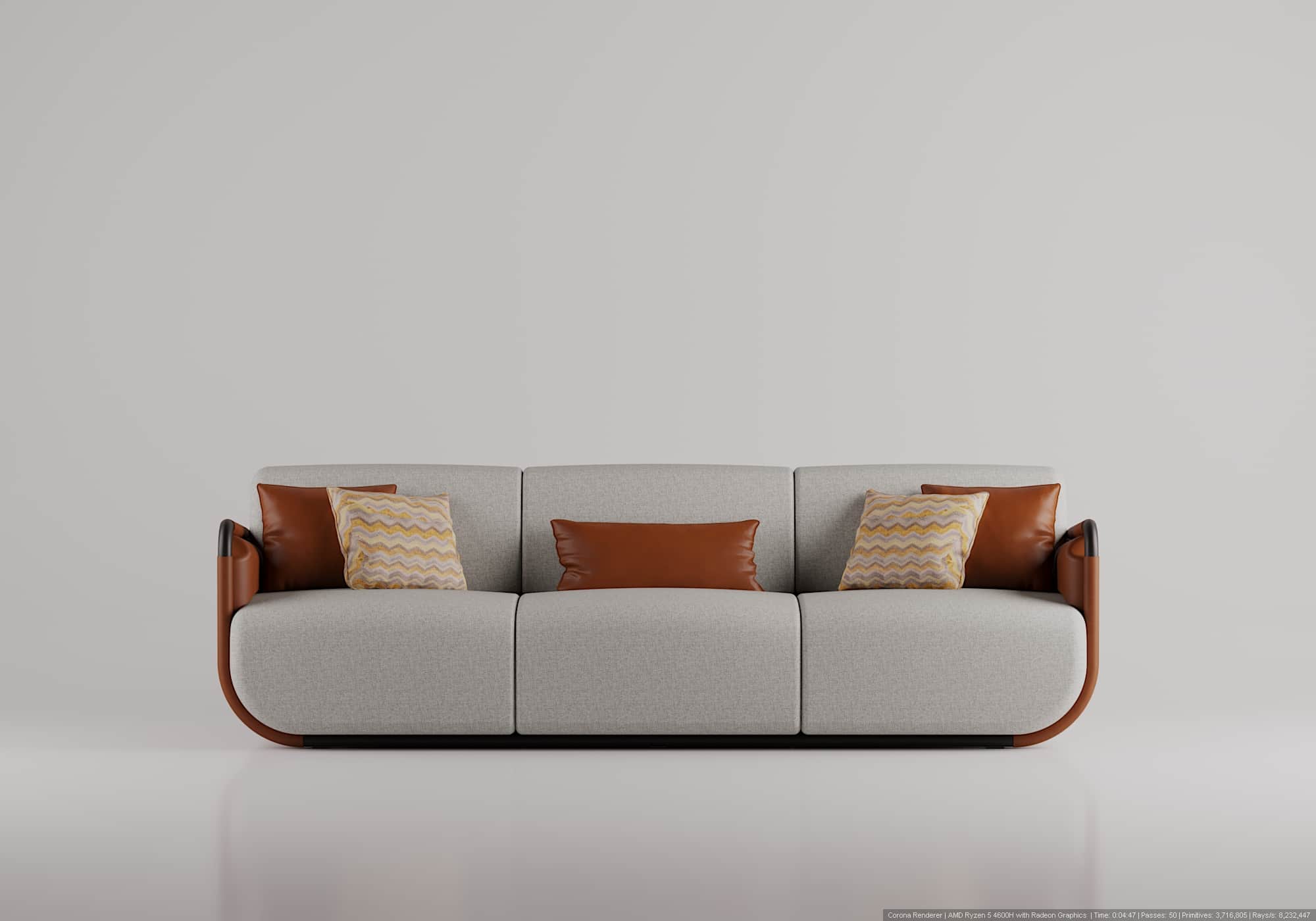 A three-seat sofa with a light gray textured fabric upholstery. The sofa features curved, rounded ar… — free OBJ 3D model