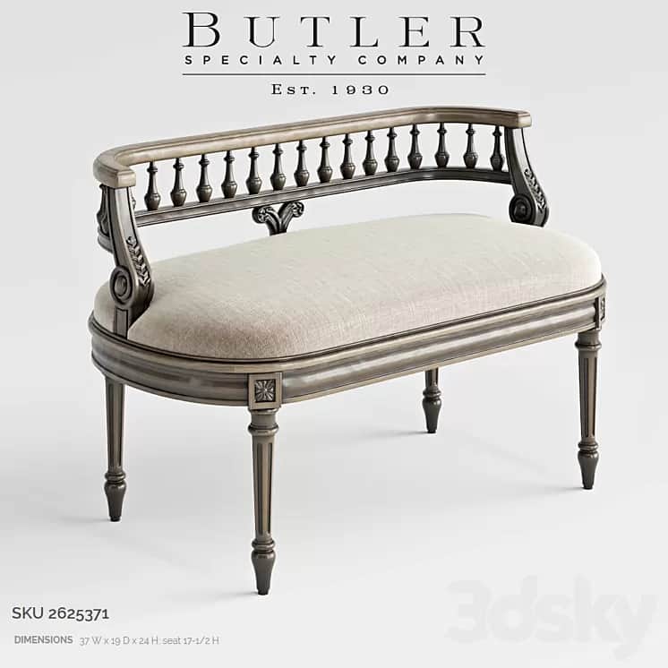 A neoclassical style settee bench featuring a distressed wood frame and a light-colored upholstered… — 3D model