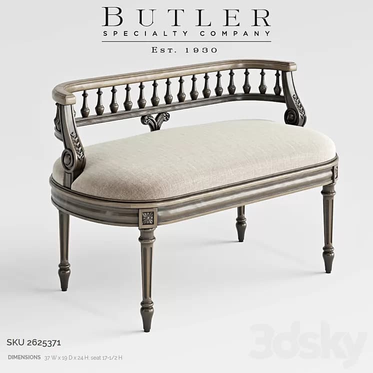 A neoclassical style settee bench featuring a distressed wood frame and a light-colored upholstered seat. The backrest is low and curved, composed of a top rail supported by a series of turned baluster-like spindles. The curved armrests transition smoothly from the back rail, featuring decorative carved scrollwork at their base. The seat is an elongated oval cushion, upholstered in a light beige or off-white fabric. The bench is supported by four fluted, tapered legs, which terminate in small, rounded feet. Each leg features a carved rosette detail at the top where it meets the seat frame. — 3D model
