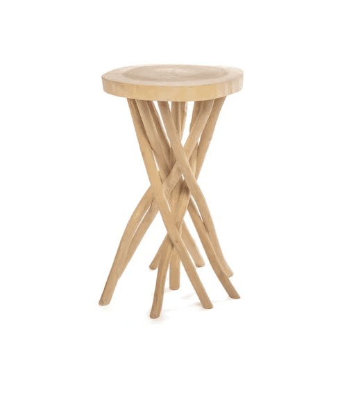 A light-colored wooden side table with a round top and a base formed by intertwined, twisted wooden legs. The legs have a natural, organic appearance, flaring outwards towards the base for stability. The top appears to be a solid slice of wood, showcasing natural grain patterns. — 3D model