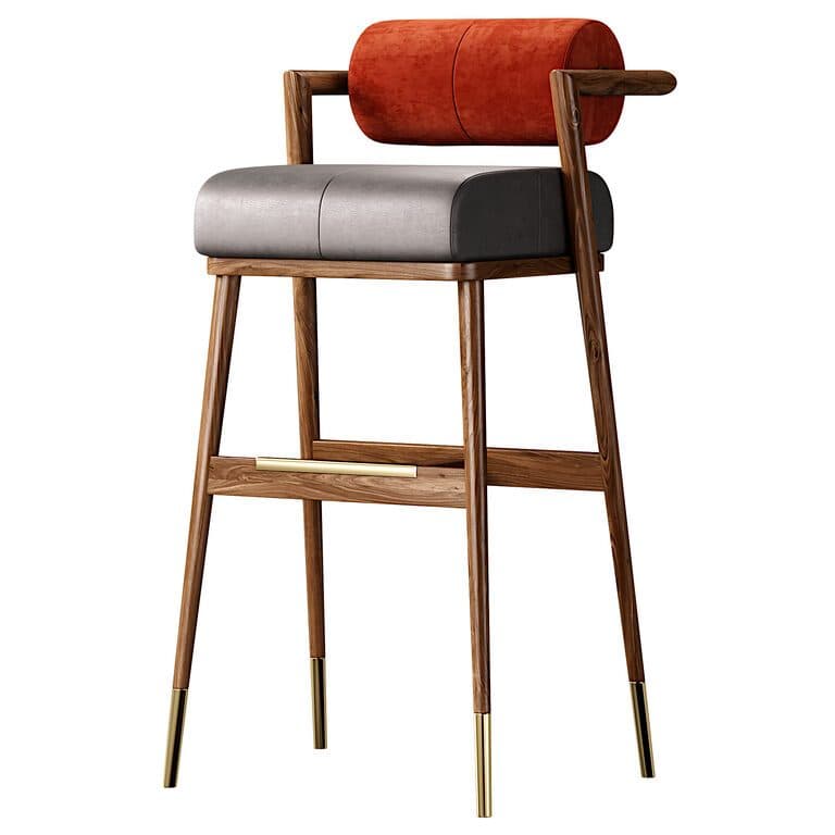 A contemporary bar stool featuring a rich walnut wood frame, a padded grey leatherette seat, and a distinctive cylindrical orange velvet backrest with integrated armrests. The four tapered legs are reinforced with a brass footrest and capped with brass ferrules. — 3D model