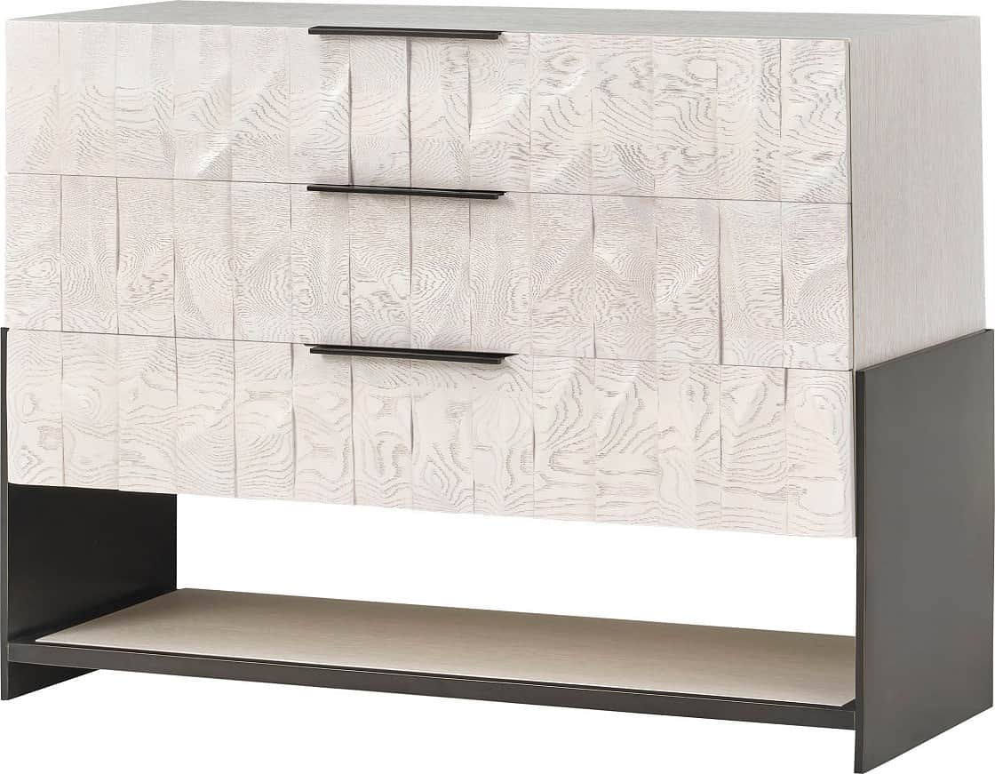 A dresser with three drawers. The drawer fronts have a distinctive textured, carved wood pattern in… — 3D model