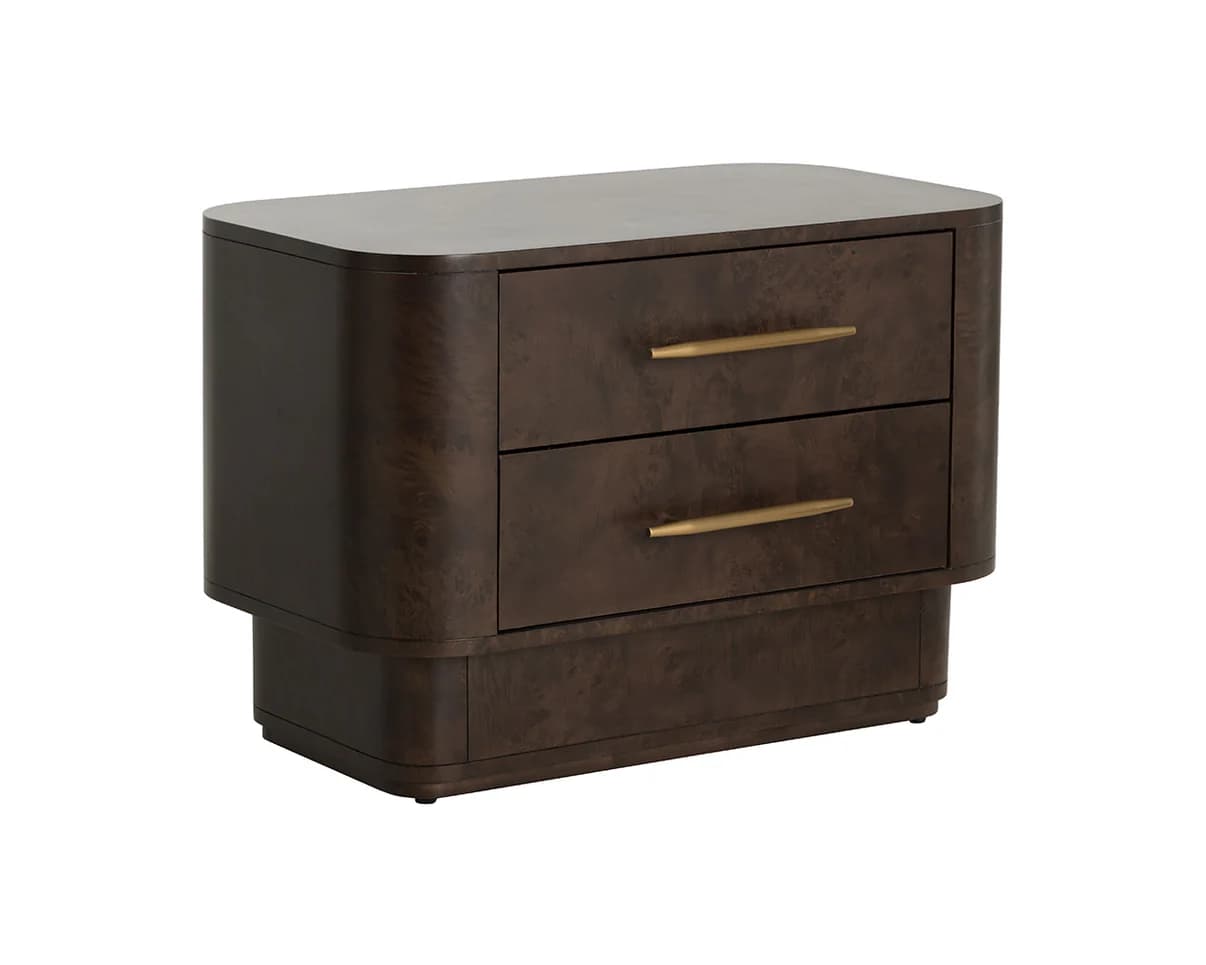 A dark wood nightstand with rounded edges and a tiered base. It features two drawers with elongated brass pulls and a single drawer or open compartment at the bottom, also with a brass pull. The wood grain has a prominent, swirling pattern. The overall design suggests a modern or art deco influence. — 3D model