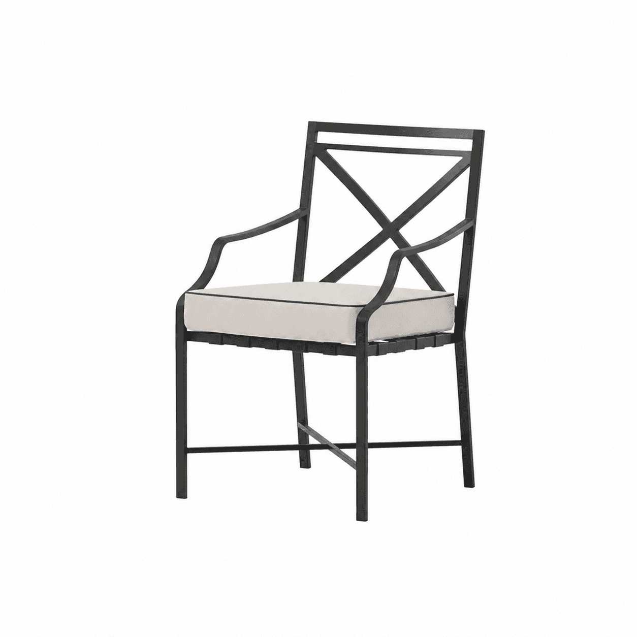 A black metal armchair with a cream-colored seat cushion. The chair features a backrest with a decor… — 3D model