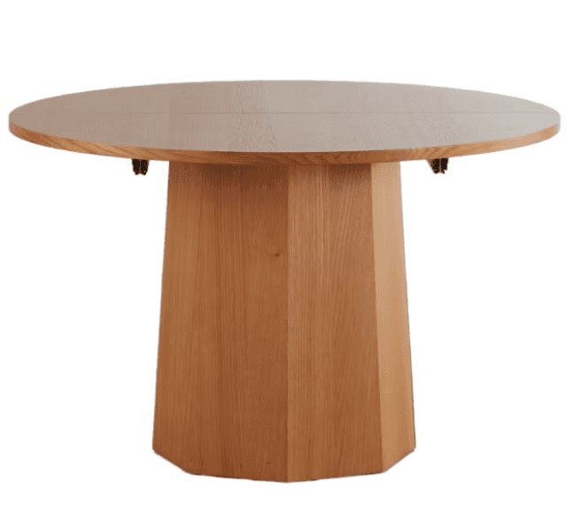 A modern round dining table with an extendable tabletop and a substantial, faceted wooden pedestal b… — 3D model