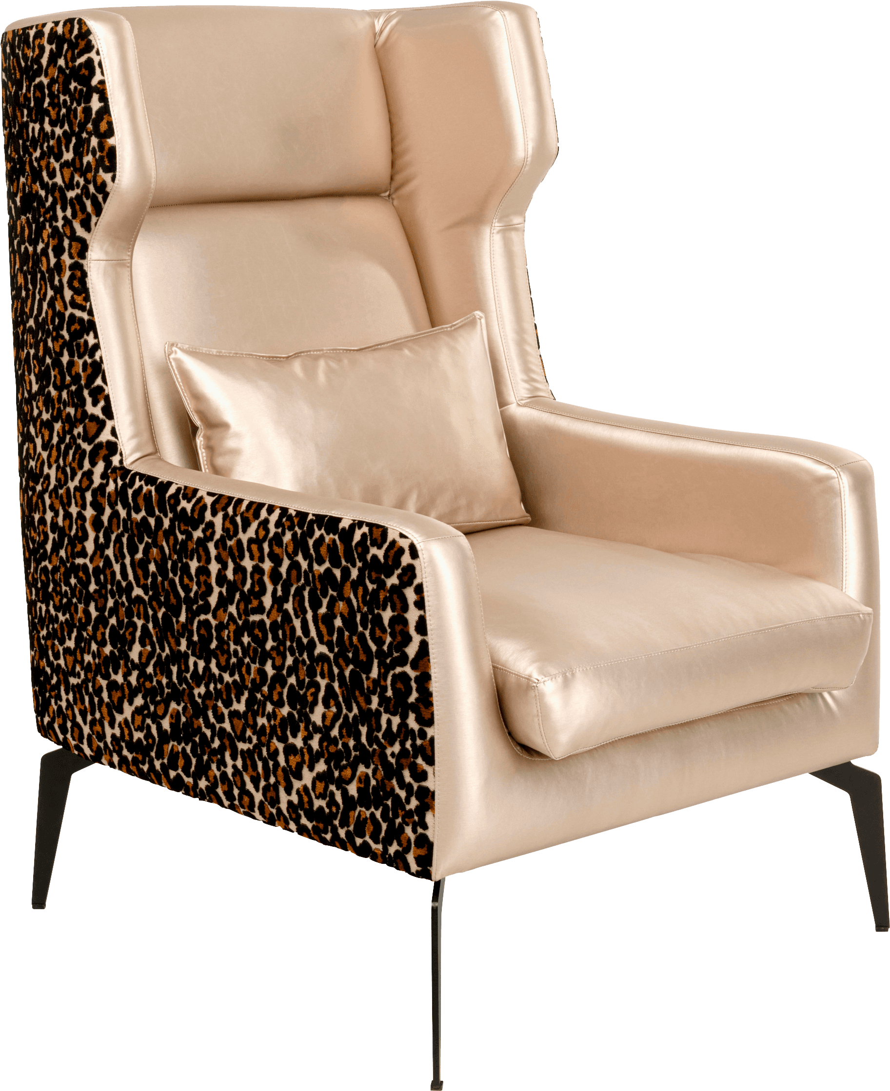 A high-back accent chair with a wingback design. The primary upholstery is a smooth, light beige material with a slight sheen. The sides of the chair, including the armrests, are upholstered in a fabric with a distinct leopard print pattern in shades of brown, black, and beige. A small, rectangular throw pillow upholstered in the same light beige material as the main body of the chair is placed on the seat. The chair is supported by thin, dark metal legs, two at the front and two at the back, angled outwards. — 3D model