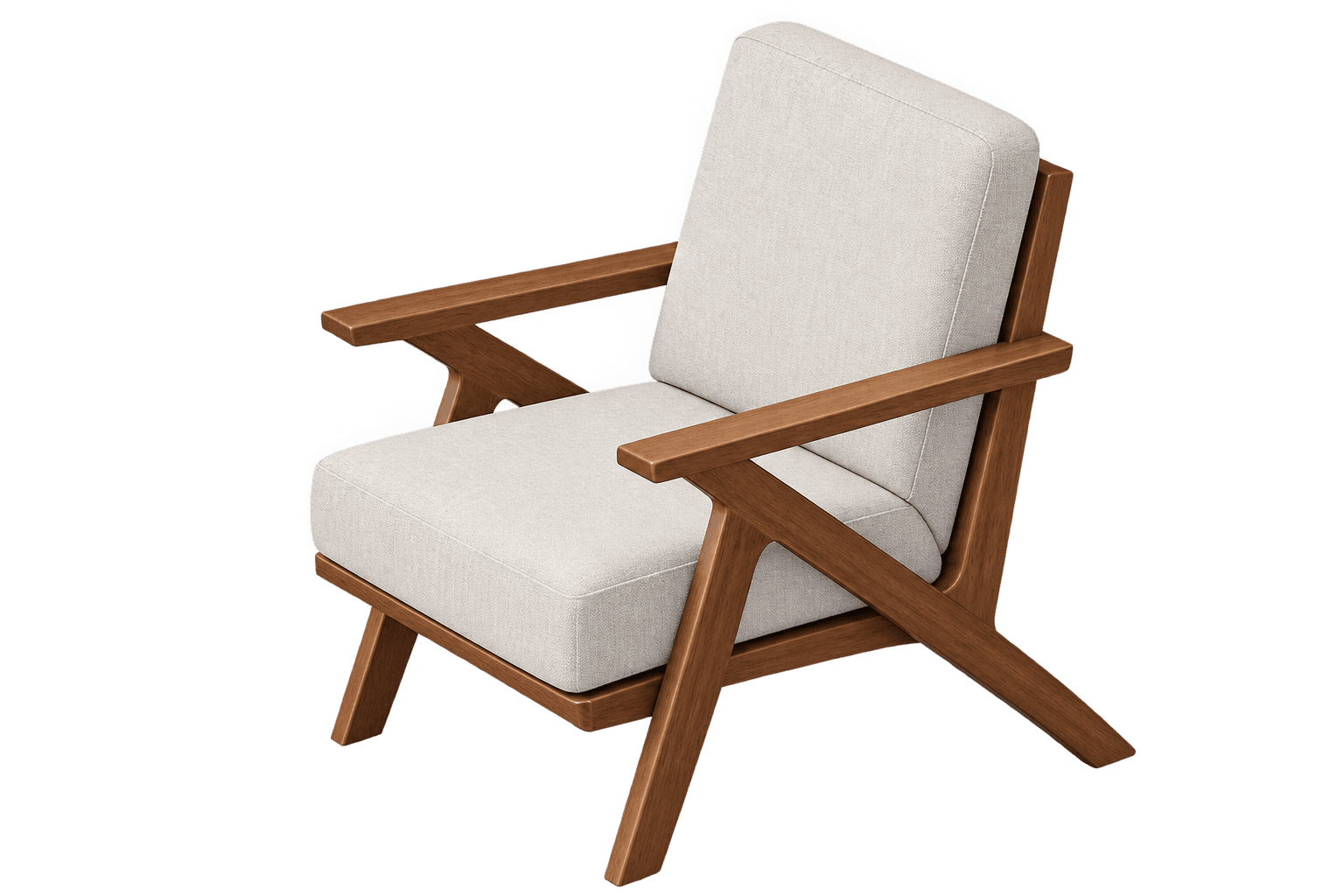 A modern armchair featuring an exposed wooden frame and thick upholstered cushions. The design is characterized by clean lines, angled legs, and slender armrests, giving it a minimalist yet comfortable appearance. — 3D model