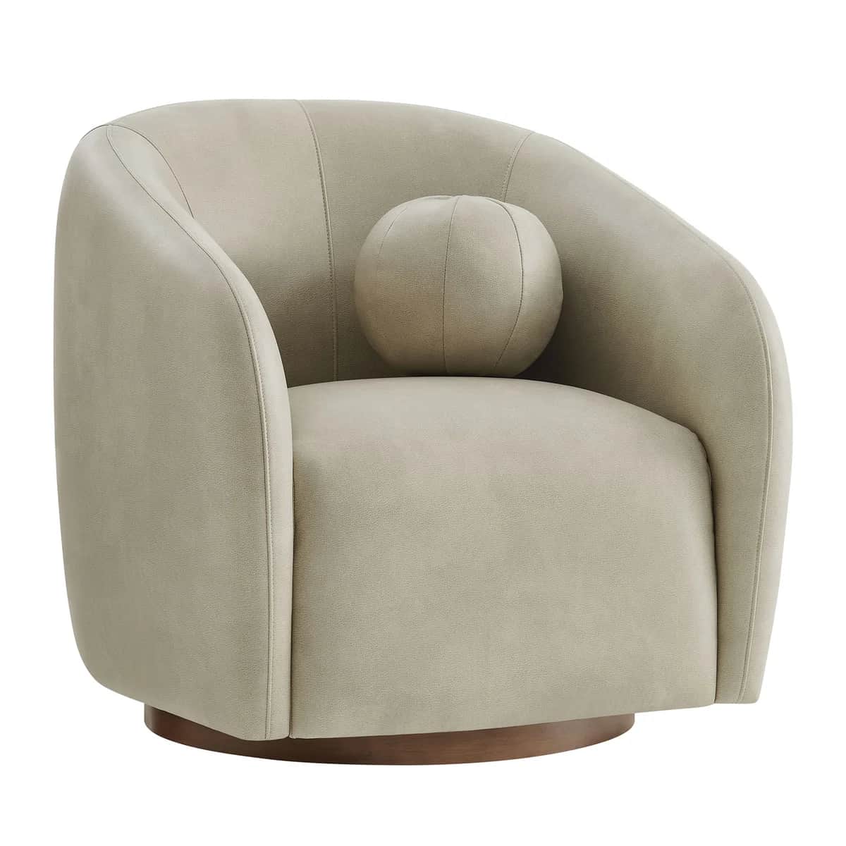A contemporary upholstered swivel armchair with a rounded back and integrated arms, featuring a wood… — 3D model