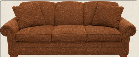A traditional three-seater sofa featuring rolled arms, upholstered in a textured rust-brown fabric. It has three seat cushions and three arched back cushions, with two matching accent pillows. The sofa is supported by short, tapered block feet. — 3D model