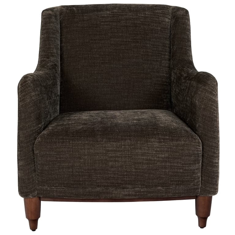 A dark brown upholstered armchair featuring a textured fabric, gently curved arms, and a high backrest. The chair stands on four short, tapered wooden legs. The upholstery exhibits a subtle striated pattern, giving it a rich, tactile appearance. — 3D model