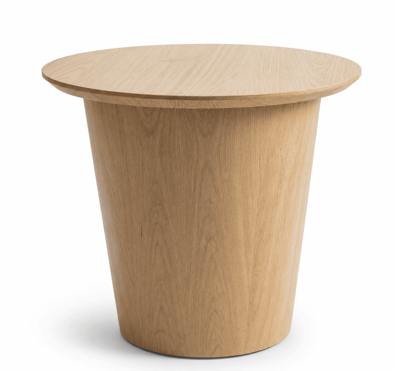 A modern side table with a cylindrical base that tapers slightly outwards towards the bottom, supporting a circular tabletop that extends slightly beyond the base. The piece is constructed entirely from light-colored wood, showcasing a natural grain pattern. The design is minimalist and organic. — 3D model