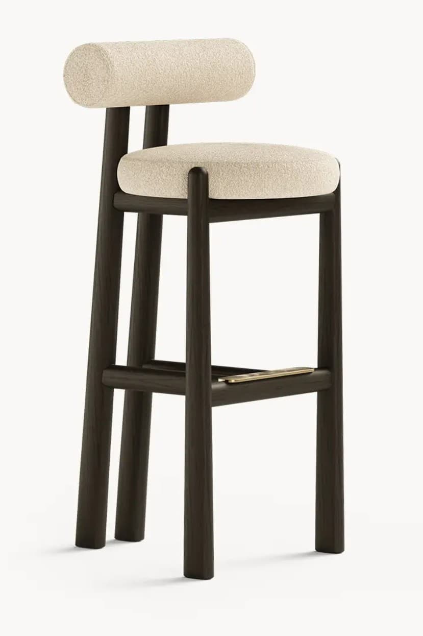 A modern bar stool featuring a dark-stained wooden frame, a round upholstered seat, and a distinctive cylindrical upholstered backrest, with a brass-toned footrest. — 3D model