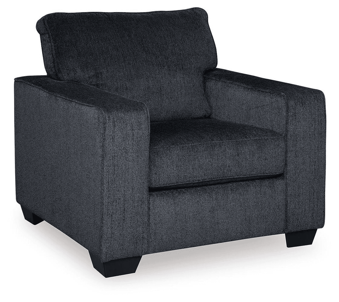 A contemporary upholstered armchair in a dark charcoal gray fabric, featuring a boxy silhouette, wide track arms, and removable seat and back cushions, supported by short block feet. — 3D model