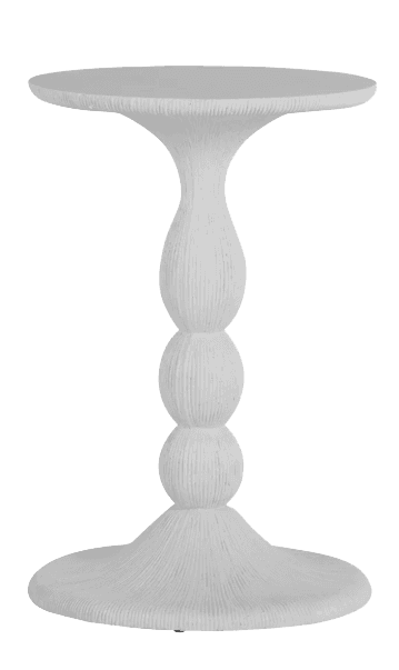 A white end table with a circular top and a pedestal base. The pedestal is decorative, featuring thr… — 3D model